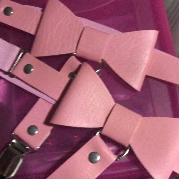 Pink or black pair of bow garter belts thigh strap harness high stockings sexy